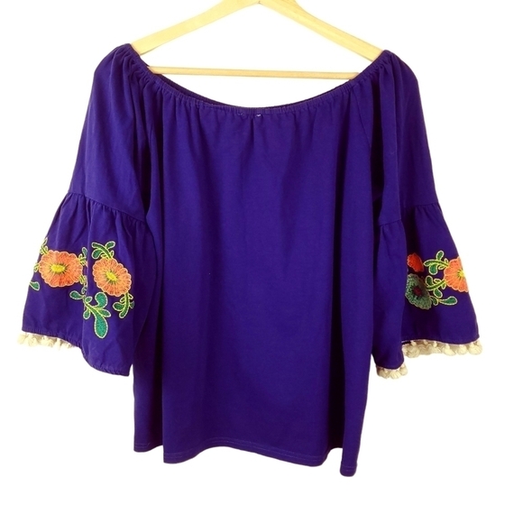 UMGEE M Boho Peasant Top Tassels Flower Stitched Embroidery Blue Bell Sleeves - Picture 2 of 11